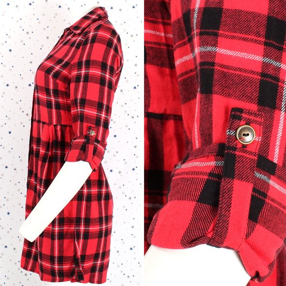 Plaid Button Up Shirt Dress with Belt Red Black - Picture 4 of 9